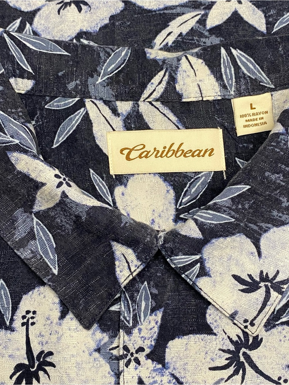 Caribbean Floral Shirt Men Large Blue White Hibiscus Hawaiian Tropical Cruise